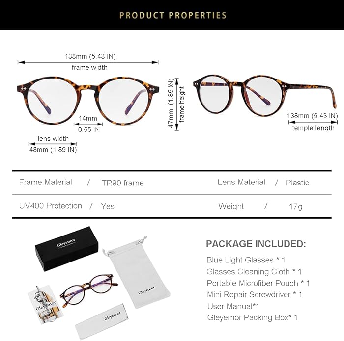 Gleyemor Blue Light Glasses for Men Women, Vintage Round Frame Computer Eyeglasses