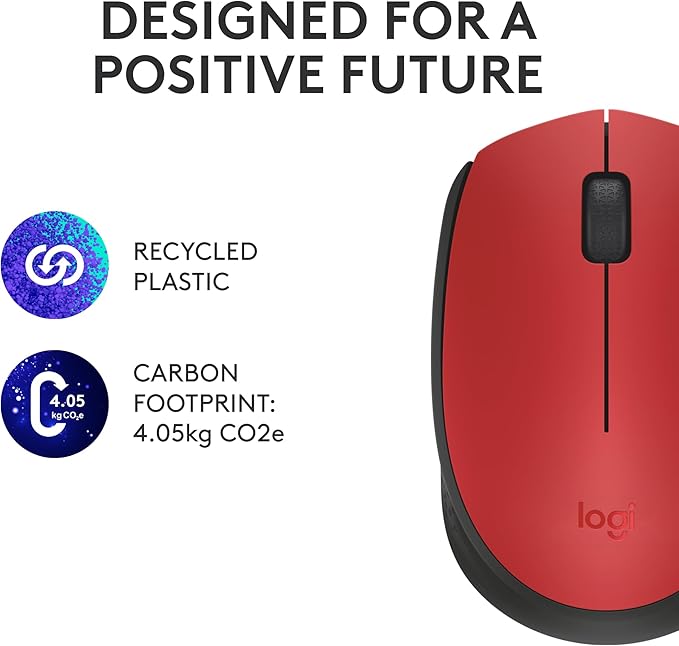 Logitech M170 Wireless Mouse for PC, Mac, Laptop, 2.4 GHz with USB Mini Receiver, Optical Tracking, 12-Months Battery Life, Ambidextrous - Red