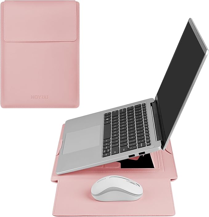 HoYiXi 15.6" Laptop Sleeve Case PU Leather with Stand Compatible with MacBook Pro 16/15.4'' MacBook Pro 15, Mac Air 15/ Dell, Matebook,Asus,15-16'' Laptop Bag,(Patent Pending),Pink