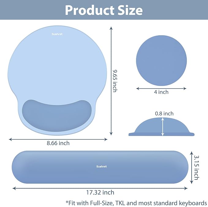 Sushret Mouse Pad and Keyboard Wrist Rest, 3-in-1 Gel Memory Foam Ergonomic Mouse Pad with Wrist Rest Set,Gaming Mousepad Arm Cushion Support for Computer Office Desk Accessories Cute Setup,Sky Blue