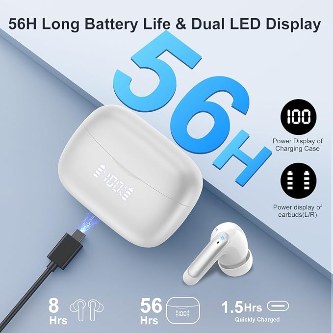 WeurGhy Wireless Earbuds, HiFi Sound Bluetooth 5.3 Headphones with 4 ENC Noise Mic, 56H Playtime Ear Buds with LED Display, USB-C, IPX7 Waterproof Wireless Headphones for Sports Workout