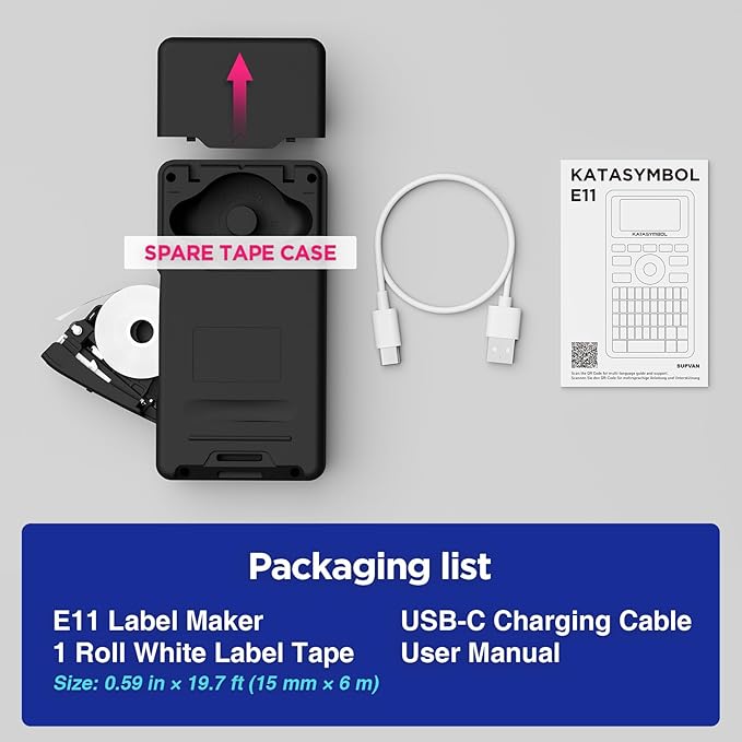 SUPVAN E11 Bluetooth Label Maker Machine, Support Keyboard & App with 30+ Fonts and 660+ Icons, Rechargeable Inkless Labeler for Home, Kitchen, Office, School, Organization, Black