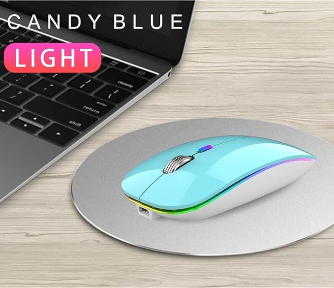 TENMOS Wireless Bluetooth Mouse, LED Slim (BT 5.1 + USB) 2.4GHz Rechargeable Silent Bluetooth Wireless Mouse with Type C Adapter for Laptop/MacBook/iPad OS 13 and Above (Blue)
