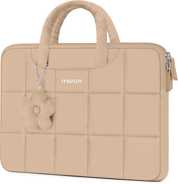 MOSISO Laptop Case 13.3 inch,13-13.3 inch Puffy Laptop Sleeve Compatible with MacBook Air 13 13.6/Pro/Neo 13/Pro 14,HP Dell ASUS Lenovo,Rectangle Quilted Bag with Handle&Flower Pendant, Brown