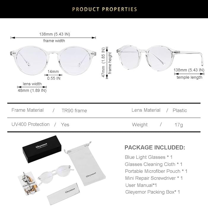 Gleyemor Blue Light Glasses for Men Women, Vintage Round Frame Computer Eyeglasses