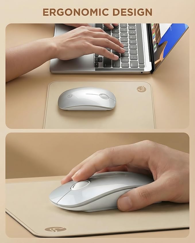 RAPIQUE R306 Wireless Mouse, Bluetooth 5.1 & 2.4GHz Dual Mode Silent Mouse, Silver Gloss Top with White Matte Base, Slim Portable Mouse for Laptop, MacBook,Tablet, Chromebook (Silvery)