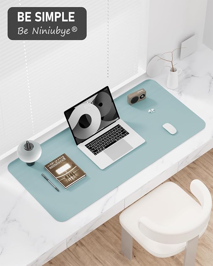 Desk Pad, 35.5" x 17" PU Leather Non-Slip Desk Mat Large Mouse Pad for Desktop, Waterproof Laptop Computer Writing Mat for Office, Home, Work, Gaming, Lake Blue