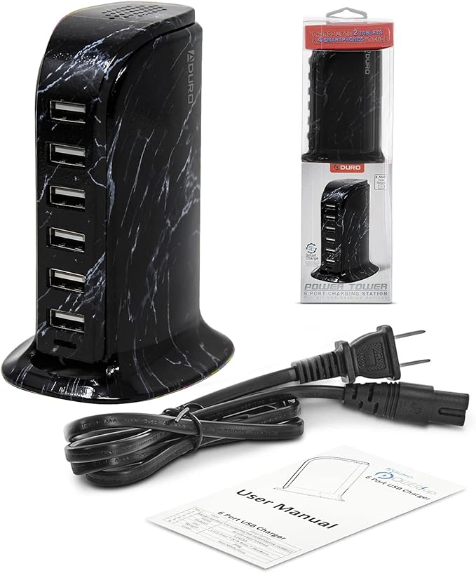 Aduro 40W 6-Port USB Desktop Charging Station Hub Wall Charger for iPhone iPad Tablets Smartphones with Smart Flow (Black Marble)