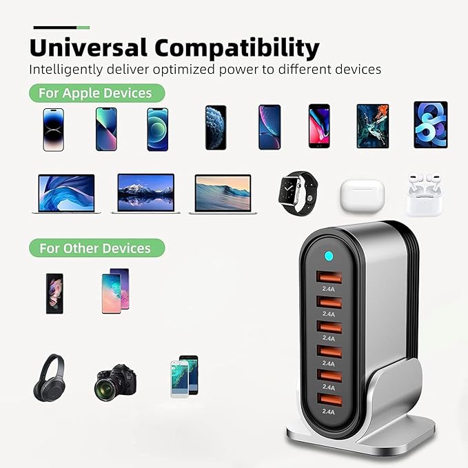 Type a Charger Fast Charging USB Charger Block Charging Station for Multiple Devices qc3.0 Phone Charging Station for iPhone 14/13/12/11 Pro Max,XR,XS,Air,Mini,Galaxy LG and More (Silver)