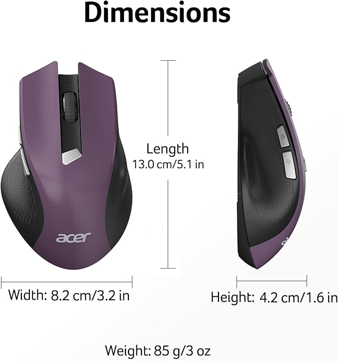 acer Wireless Mouse for Laptop, 2.4GHz Computer Mouse 3 Adjustable DPI Office Cordless USB Mice with USBA Receiver, 6 Buttons, 1600 DPI, Medium to Large Sized Hands (Purple)