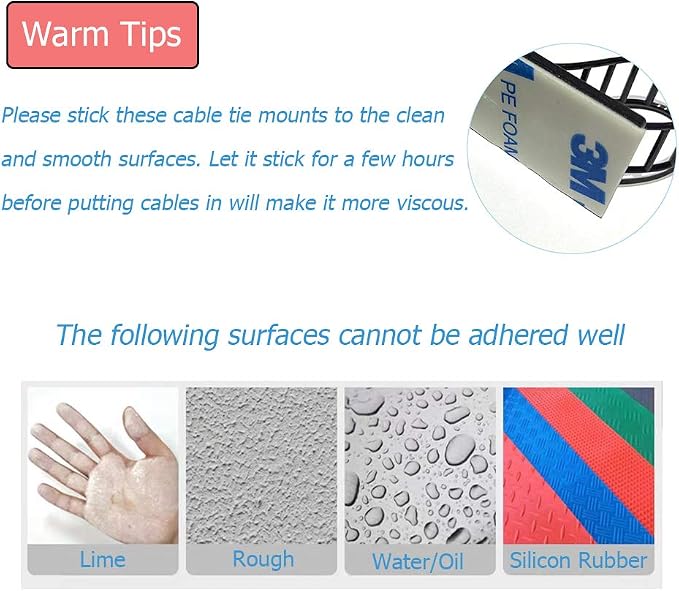 50pcs 2 Sizes Adjustable Adhesive Cable Ties Cable Clips Wire Strap Cord Clamp for Cable Management at Home and Office + 100pcs Nylon Zip Ties - Image 7