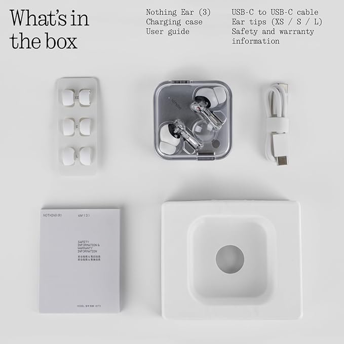Nothing Ear (3) Wireless Earbuds Super Mic 45dB Hybrid Active Noise Cancelling Bluetooth Headphones Hi-Res 6 Mics, 12mm Dynamic Bass Boost, Dual Connect ANC Sport Ear Buds for iPhone Android, Black