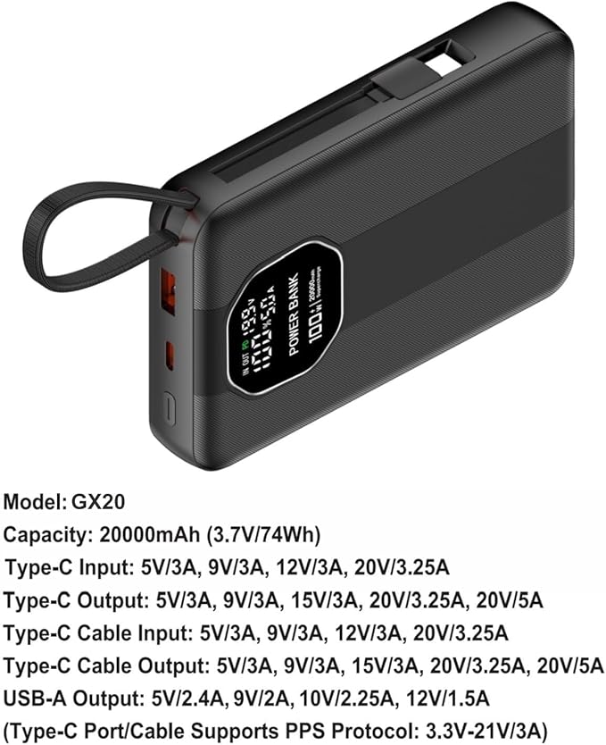 Portable Charger 100W Laptop Power Bank 20000mAh with Built-in USB-C Cable, USB-C Input/Output Battery Pack for Laptops, MacBook, Smartphones, Tablets