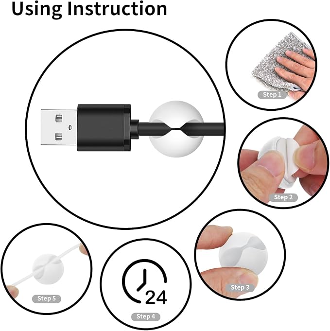 Flezoo Cord Holder Cable Clips, 12PCS White Adhesive Cord Organizer Charger Holder Wire Management Keeper for Nightstand, Desk, Office or Mouse - Image 7