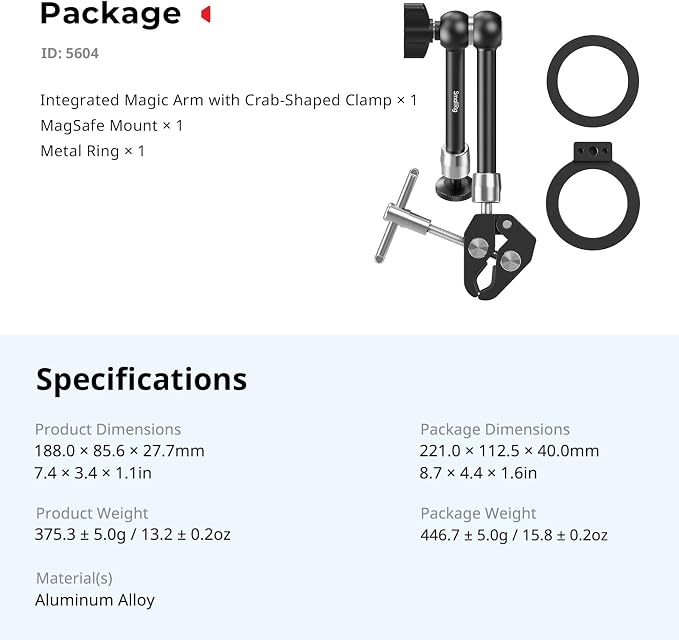 SmallRig Magic Arm Clamp w/ 1/4" Screw, Phone Mount for Magsafe & Magnetic Adapter Ring, 11 Inches Integrated Magic Arm for iPhone, for Android, for Action Cameras/LCD Monitor/LED Lights - 5604 - Image 8
