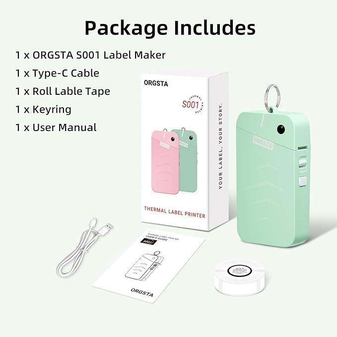 ORGSTA S001 Label Maker Machine with Tape, Portable Bluetooth Label Maker for Home and Office Organization, Thermal Label Printer Mini Sticker Maker with Multiple Templates, Green