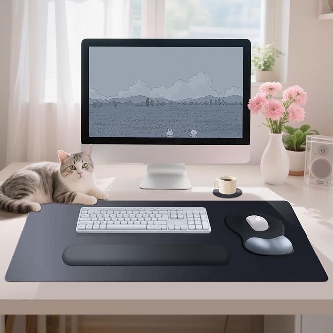 4-in-1 Large Gaming Mouse Pad, Keyboard Wrist Rest Pad & Wrist Support Mousepad Set, Extended Desk Pad Waterproof Desk Mat Protector for Home Office Decor Study Game 35.4×15.7 Inches Big I Black