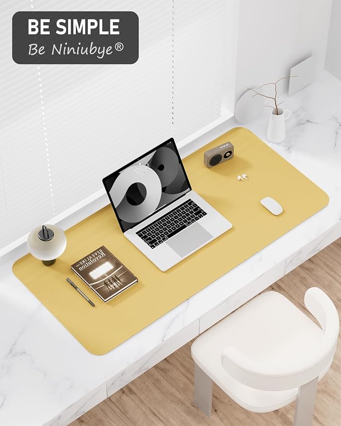 Desk Pad, 23.6" x 13.8" PU Leather Non-Slip Desk Mat Large Mouse Pad for Desktop, Waterproof Laptop Computer Writing Mat for Office, Home, Work, Gaming, Pale Yellow