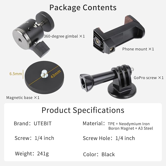 UTEBIT Magnet Camera Mount for Action Camera, 43mm Strong Magnetic Base Mount with 360?? Rotation Ball Head & Phone Holder Mount, Compatible with Gopro Hero, DJI Osmo Action Osmo Nano, Insta360, Black - Image 7