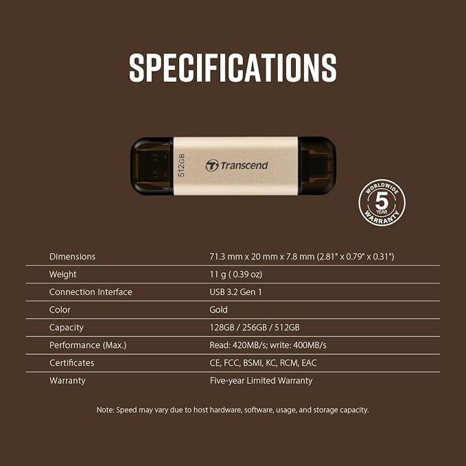 Transcend JF930 512GB Dual USB C Flash Drive for iPhone/iPad/Mac/Windows, Android/Tablet/PC/Gaming Console, Photo Stick Up to 420MB/s, USB 3.2 Thumb Drive, Memory Stick with 2-in-1 Type C &Type A - Image 11