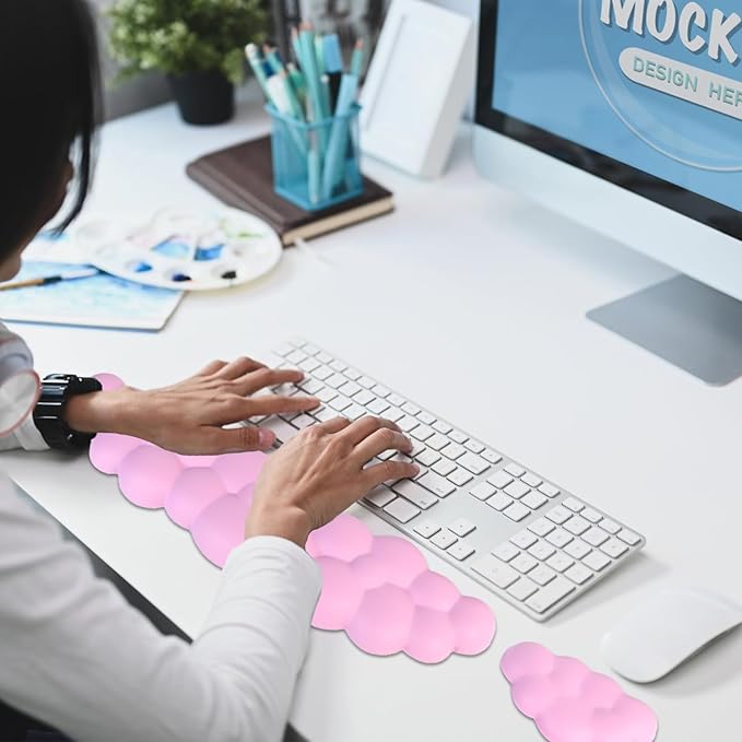 Cloud Wrist Rest Set, Ergonomic, Whimsical, Pink, PU Leather, Memory Foam