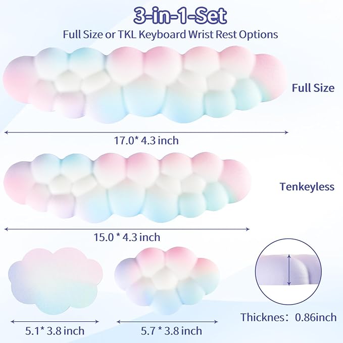 Sushret Cloud Wrist Rest Keyboard, Cloud Keyboard Wrist Pad Set with PU Leather Memory Foam, Cute Arm Rest for Palm Support, PC/Gaming Desk Accessories/Office Setup/Computer Hand Cushion - Rainbow