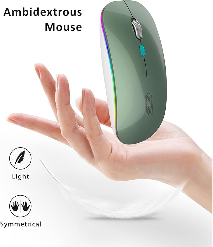 Uiosmuph LED Wireless Mouse, G12 Slim Rechargeable Silent Mouse, 2.4G Portable USB Optical Wireless Computer Mice with USB Receiver and Type C Adapter (Blacklish Green)