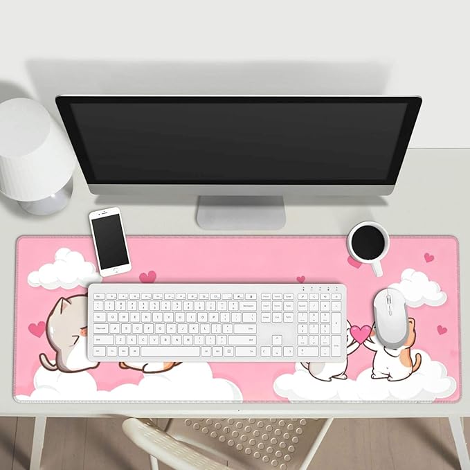 Pink Cat Cute Gaming Mouse Pad Desk Mat for Home and Office, Large Mousepad Extended Keyboard Pad Stitched Edge Accessories Decor