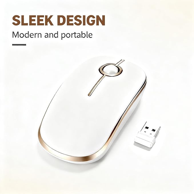 Unipows Wireless Mouse - 2.4G Slim Portable Computer Mouse with Nano Receiver, Less Noise Mobile Optical Mice for Notebook, PC, Laptop, Computer, Mac (White Gold)