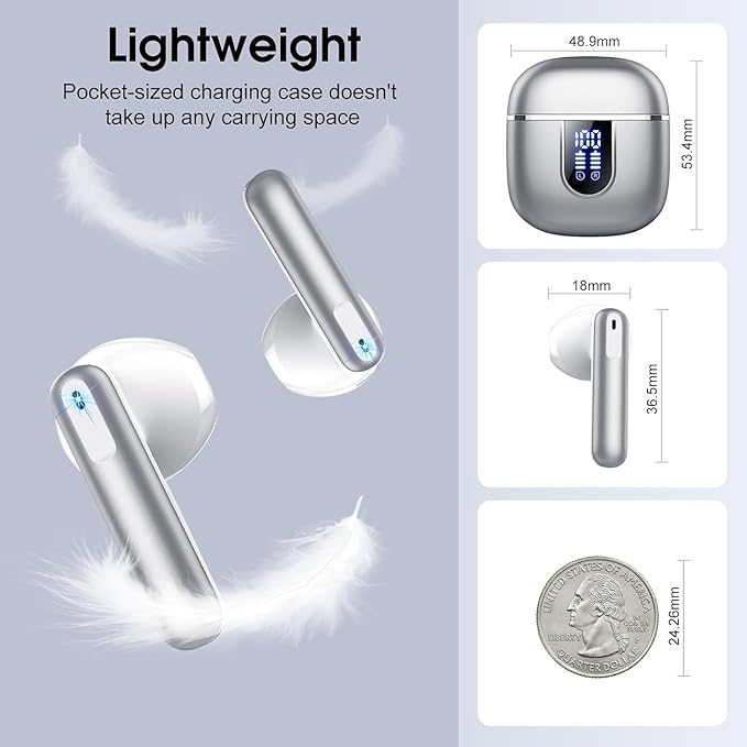 Wireless Earbuds, Bluetooth 5.4 Headphones with 3D Bass Stereo, Bluetooth Earbuds with 4 ENC Noise Cancelling Mic, 40H Ultralight In-Ear Buds USB-C, IP7 Waterproof Earphones for Android iOS, Silver