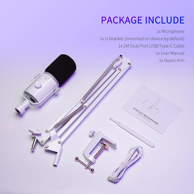FEELWORLD PM1 XLR USB Dynamic Microphone with Boom Arm Gifts for Podcast Recording PC Computer Gaming Live Streaming Vocal Voice-Over, Studio Metal Mic, RGB Light, Mute Button, Headphones Jack (White)