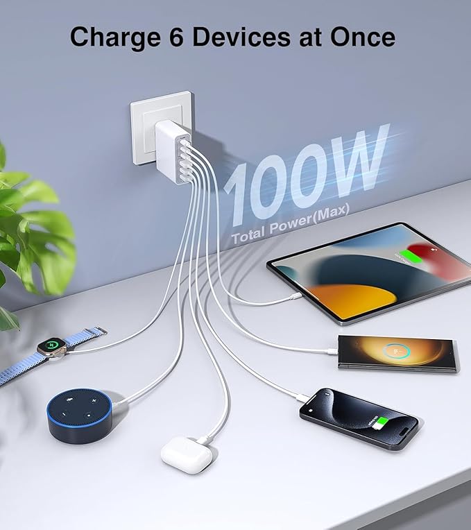 USB C Fast Charger Block, 100W GaN 6 Port PD USB C Wall Charging Station Hub, Type C Power Adapter Plug Cube Brick Box for Apple iPhone 17 16 15 14 13 12 Pro Max,iPad, MacBook Pro/Air/, Samsung Galaxy