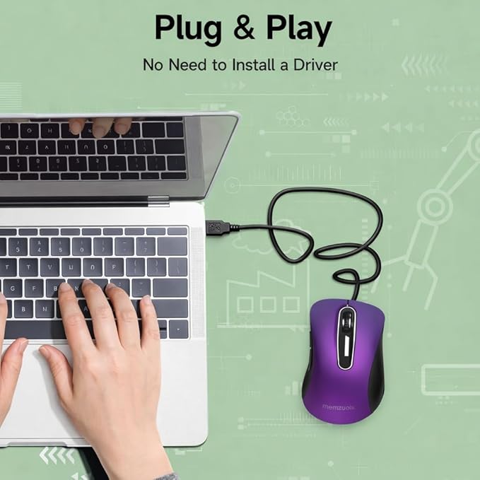 memzuoix Wired Mouse, USB Computer Mouse 1400 DPI Mobile Optical Mouse Ergonomic Design Computer Mice with 5FT Cord for Laptop, PC, Desktop, MacBook, 5 Buttons (Purple)