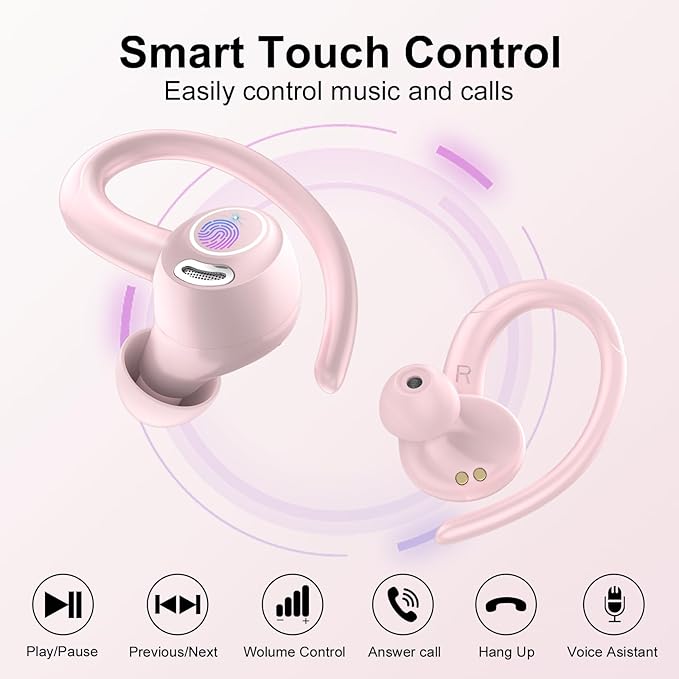 Wireless Earbuds Bluetooth 5.3 Headphones Sports, 48H Over Ear Buds with ENC Mic, Stereo Deep Bass Bluetooth Earbuds with Secure Earhooks, LED Display, IPX7 Waterproof Earphone for Running/Gym Rose