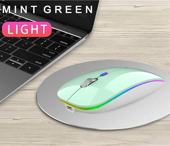 TENMOS Wireless Bluetooth Mouse, LED Slim Dual Mode (Bluetooth 5.1 + USB) 2.4GHz Rechargeable Silent Mint Green Mouse for Laptop/MacBook/iPad OS 13 and Above