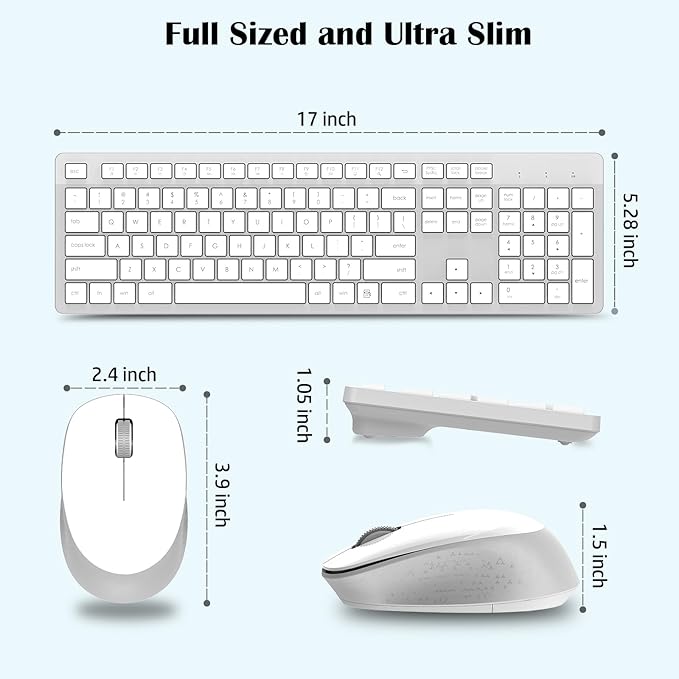 LeadsaiL K786 Wireless Keyboard and Mouse Combo, 2.4GHz Lag-Free Wireless, Full Size Ergonomic Keyboard Silent Mouse for Windows Mac PC Laptop, 12 FN Shortcuts, Long Battery Life - White and Grey