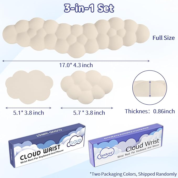 Sushret Cloud Wrist Rest for Keyboard and Mouse, Memory Foam PU Leather Keyboard Wrist Rest with Ergonomic Support, Non-Slip Base, Cute Arm Rest Pad & Palm Cushion, Office Desk Accessory, Beige
