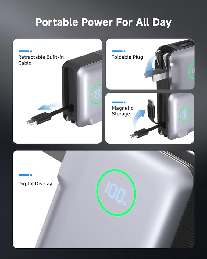 Portable Charger with Built in 25.6in Retractable Cable and Wall Plug, 10000mAh USB C Travel Power Bank, 35W Fast Charging Battery Pack Compatible with iPhone 16 15 14 13 Samsung Android Phone etc