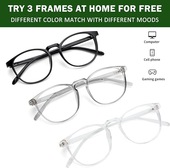 Przene 3 Pack Blue Light Blocking Glasses Women/Men,Retro Round Computer Glasses Anti Eye Strain/UV/Glare, Gaming Glasses. (Black/Crystal/Grey)