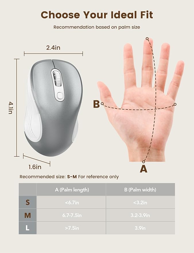 WisFox 2.4G Wireless Mouse for Laptop, Ergonomic Computer Mouse with USB Receiver and Type-C Adapter, 3 Adjustable Levels DPI, 6 Button Cordless Wireless Mice (Silver)