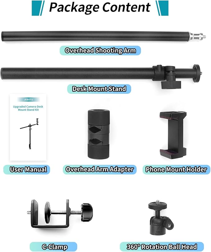 Overhead Camera Mount Desk Stand, Camera Arm Desk Mount Clamp Stand with 360??Adjustable Magic Arm, Webcam Arm Mount Stand w Ballhead Phone Mount for Desk Logitech Microphone Video Light Cell Phone - Image 9