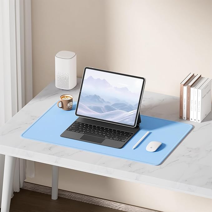 Hsurbtra Desk Pad, 23.6" x 13.8" Premium-Textured Desk Mat, Stitched Edge Anti-Slip Waterproof Rubber Mouse Pad, M Extended Computer Mat for Office Gaming Laptop Keyboard Sky Blue