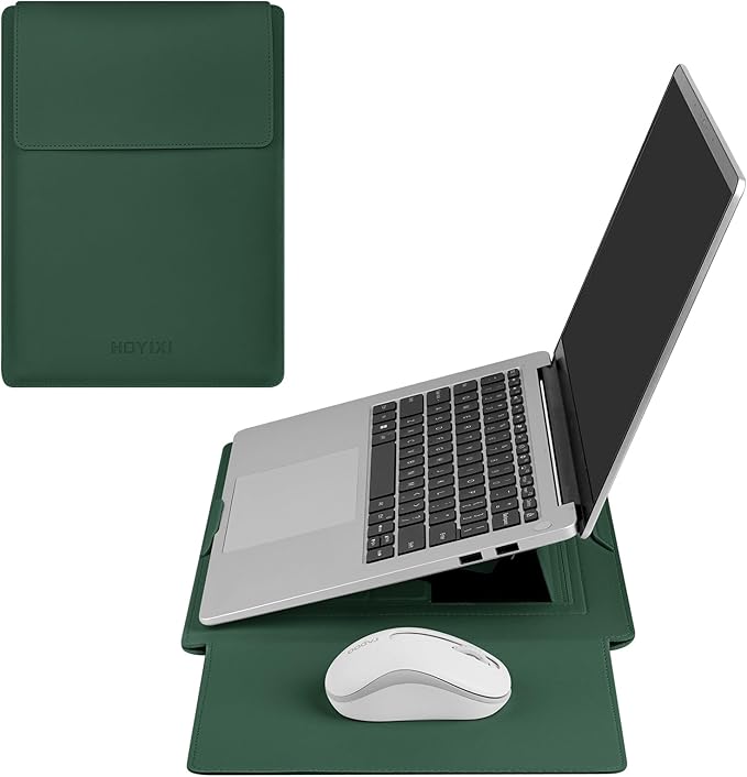 HoYiXi 15.6" Laptop Sleeve Case PU Leather with Stand Compatible with MacBook Pro 16/15.4'' MacBook Pro 15, Mac Air 15/ Dell, Matebook,Asus,15-16'' Laptop Bag,(Patent Pending),Dark Green