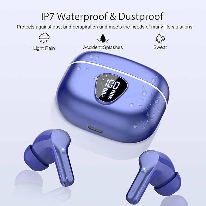 Wireless Earbuds, Bluetooth 5.4 Headphones HiFi Stereo, Bluetooth Earbuds with ENC Noise Cancelling Mic, IP7 Waterproof in Ear Earphones, 48H, LED Display Ear Buds for Pad Phones Workout Sports, Blue