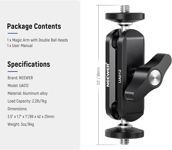 NEEWER Flexible Articulating Magic Arm with Dual Ball Heads, CNC Machined Aluminum Alloy with 1/4" Screws&Holes for Camera Monitor, LED Light, Microphone, Tripod, Compatible with SmallRig Cage, UA012 - Image 7