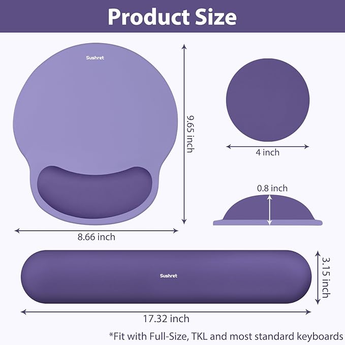 Sushret Mouse Pad and Keyboard Wrist Rest, 3-in-1 Gel Memory Foam Ergonomic Mouse Pad with Wrist Rest Set, Gaming Mousepad Arm Cushion Support for Computer Office Desk Accessories Cute Setup, Purple
