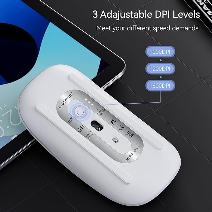 Uiosmuph G11 Wireless Mouse, USB C Rechargeable Computer Mouse, Slim Silent Mice 2.4GHz Optical with USB Nano Receiver and USB C Receiver for Laptop/Mac/PC - White