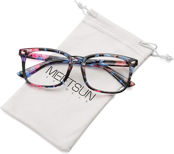 MEETSUN Blue Light Blocking Glasses women men, Anti Eye Strain Headache (Sleep Better),Computer Glasses UV400 Lens (T1 Flower-Transparent Lens)