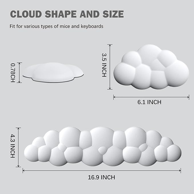 Cloud Keyboard Wrist Rest Pad Set,Enlarge PU Leather Memory Foam Wrist Cushion Support,Easy Typing Pain Relief,Mouse Wrist Rest Pad,Non-Slip Wrist Support for Home, Office,White