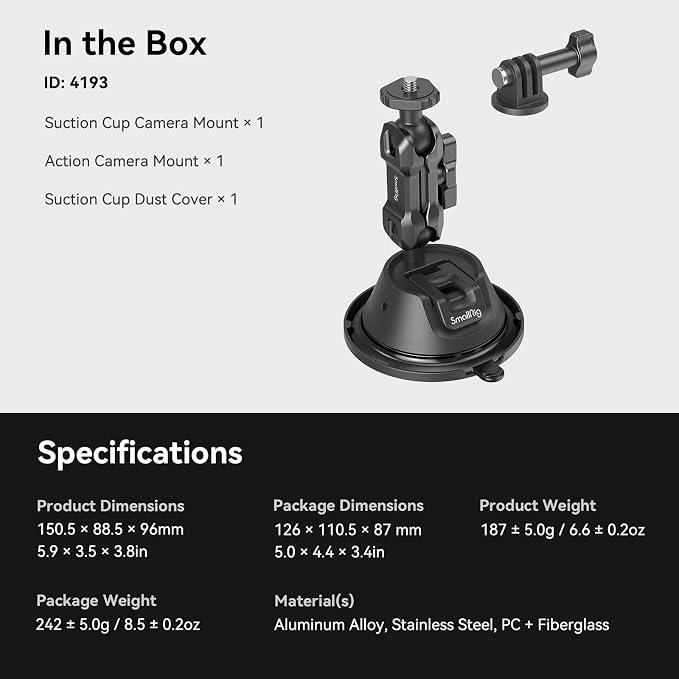 SMALLRIG Double-Layer Suction Cup Mount for GoPro Hero 11/10 / 9, for DJI Osmo Action/Procket, for Insta360 X3, Double Ball Head Support 360° Rotation, Mount on Car Windshield or Window SC-1K - 4193 - Image 9